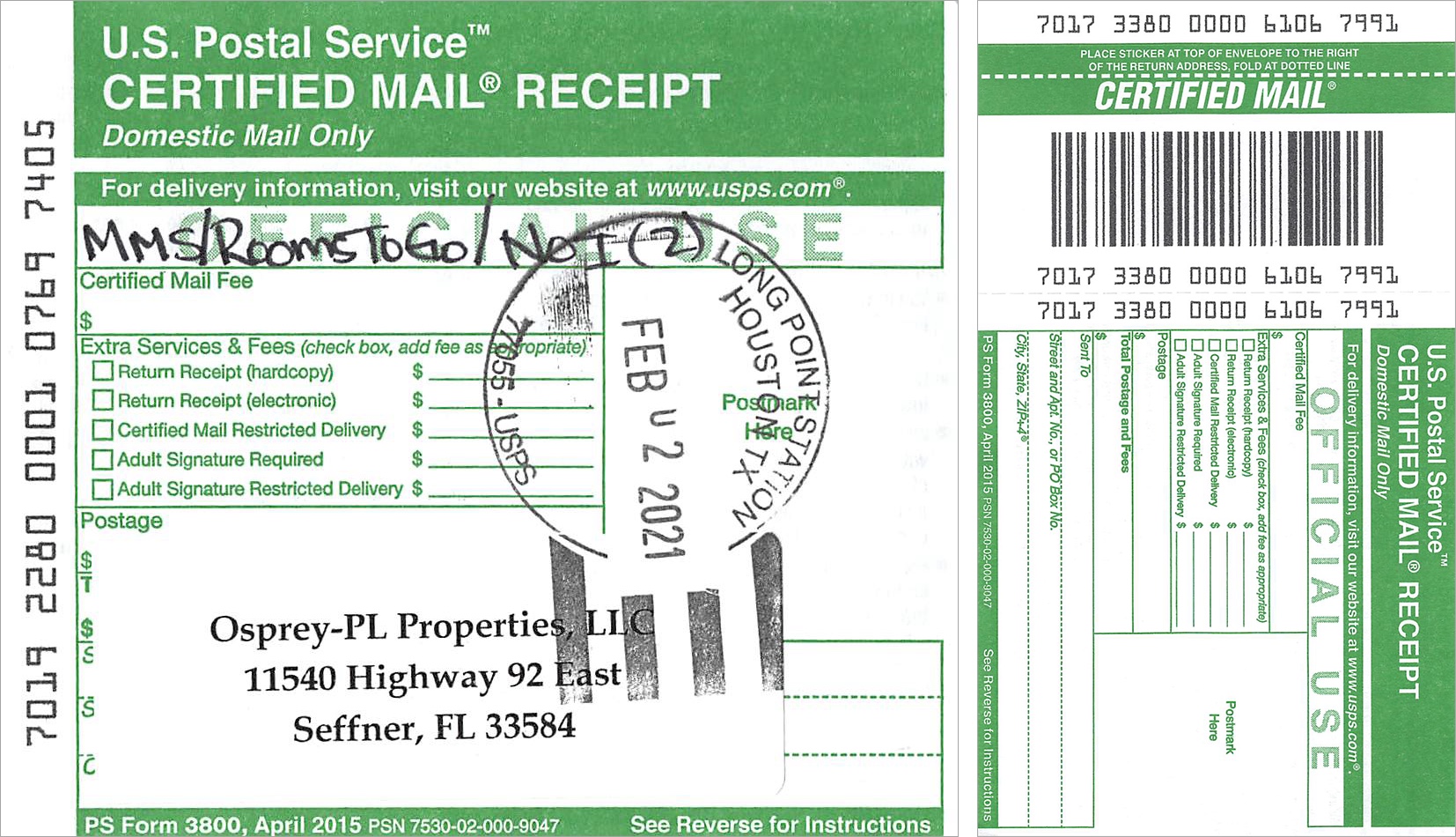 Certified mail receipt